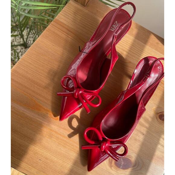 ZARA Patent Pointed Toe Slingback Heels NWT – Red Bow Pumps, Size 6.5–10 - Picture 13 of 16